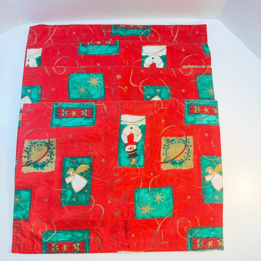 Christmas Placemats Set Of 4 Red Green Gold Snowman Angel Wreath Holiday Decor